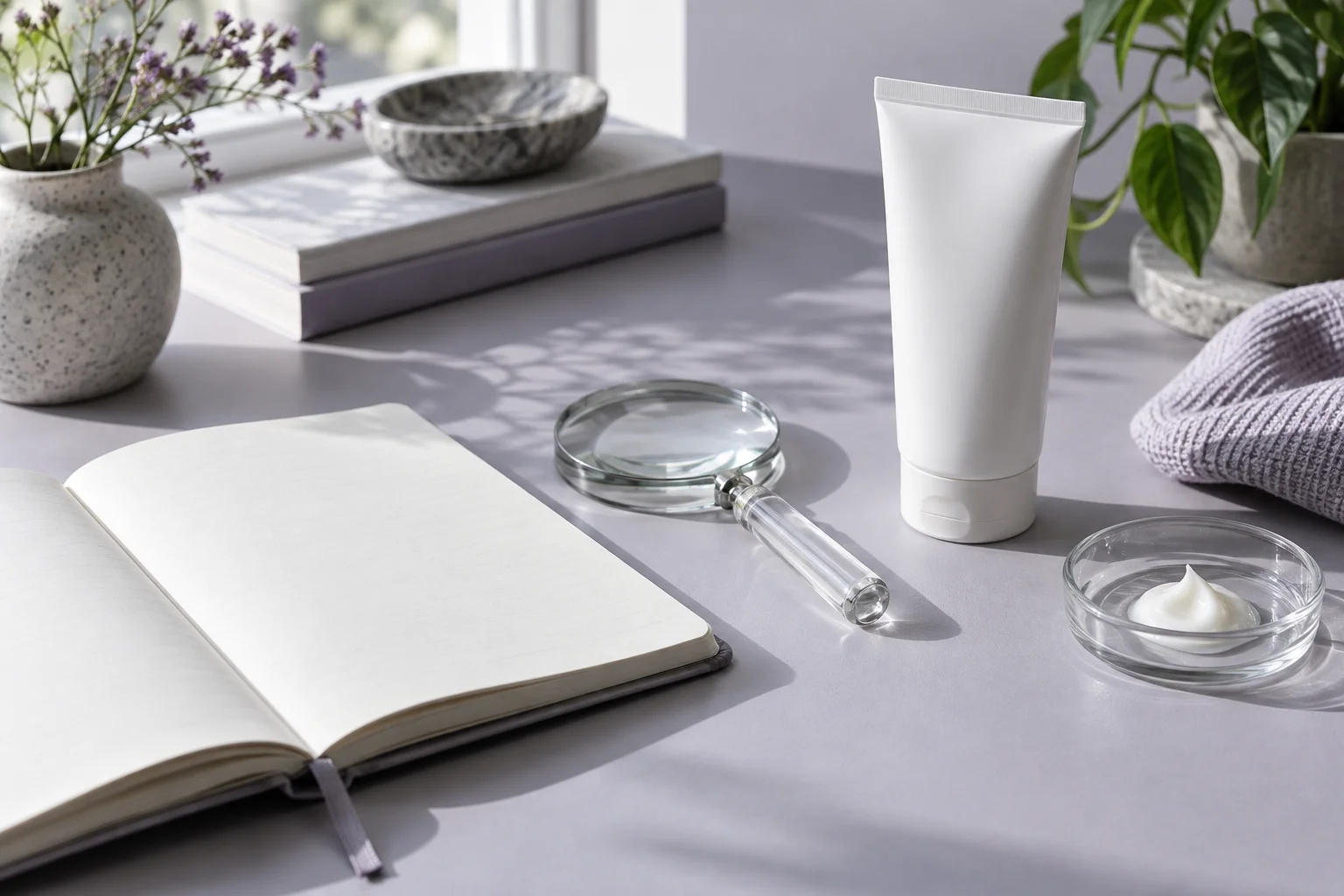 Unbranded skincare tube, notebook and magnifying lens on a lavender desk